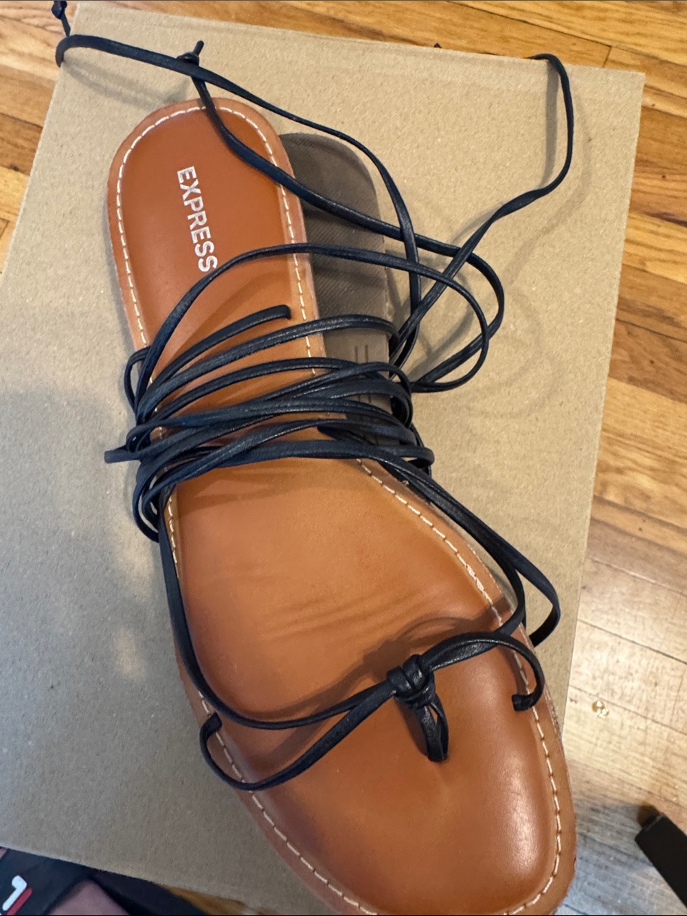 Express Tan Leather Sandal with Black Lace-Up Straps